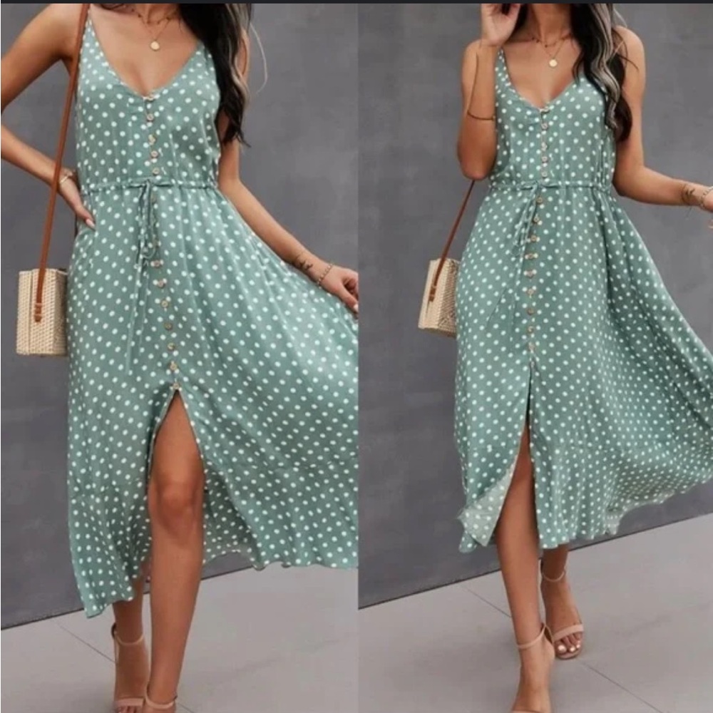 Polka Dot Midi Slip Dress Spaghetti Strap Large Classic Brovave Blue Green